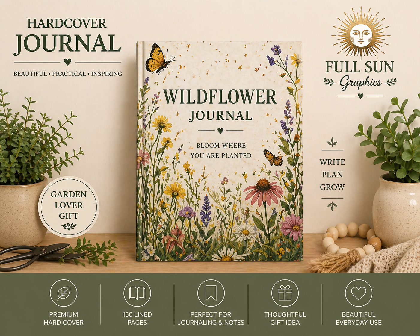 Wildflower Journal Hardcover Journal | Botanical Cover, Bloom Where You Are Planted