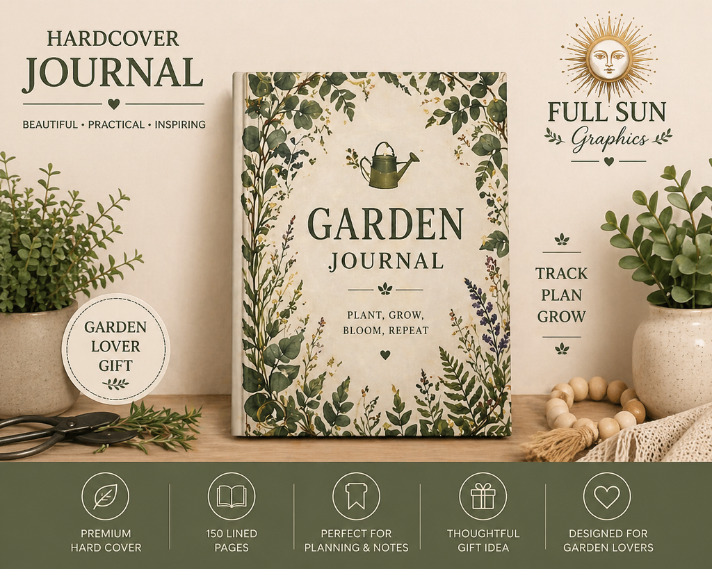 Garden Journal Hardcover Journal | Botanical Watering Can, Plant Grow Bloom Theme