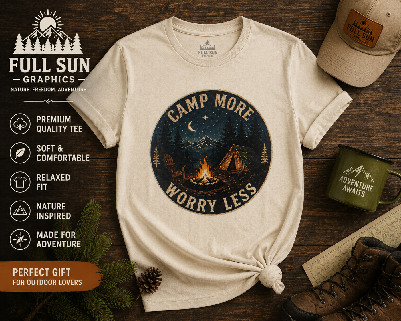 Camp More Worry Less Shirt, Camping Graphic Tee, Outdoor Adventure Shirt, Campfire Nature Shirt,Gift for Camper|FathersDay