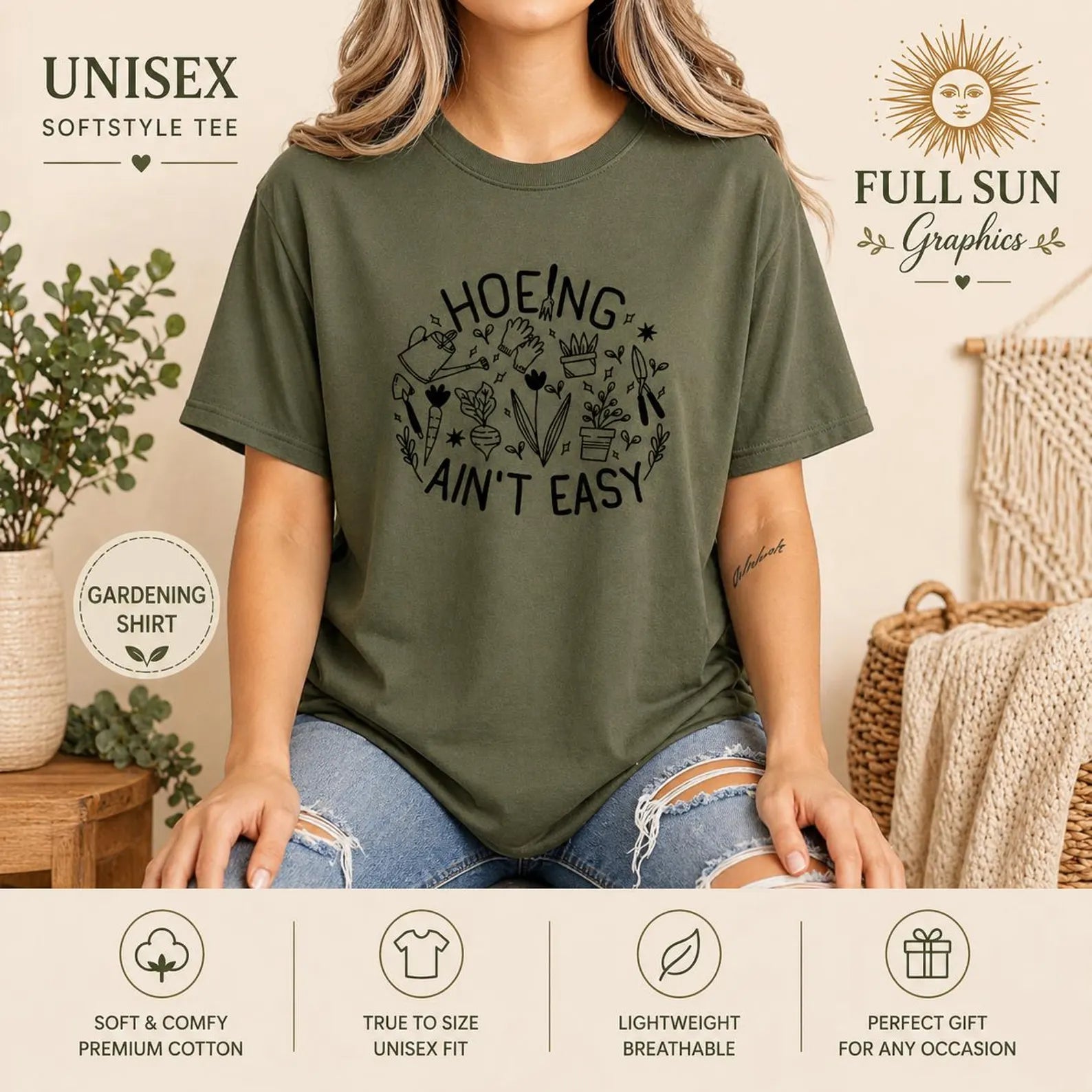 Hoeing Ain't Easy T-Shirt | Humorous Gardening Tee, Plant Lover Garden Crew|