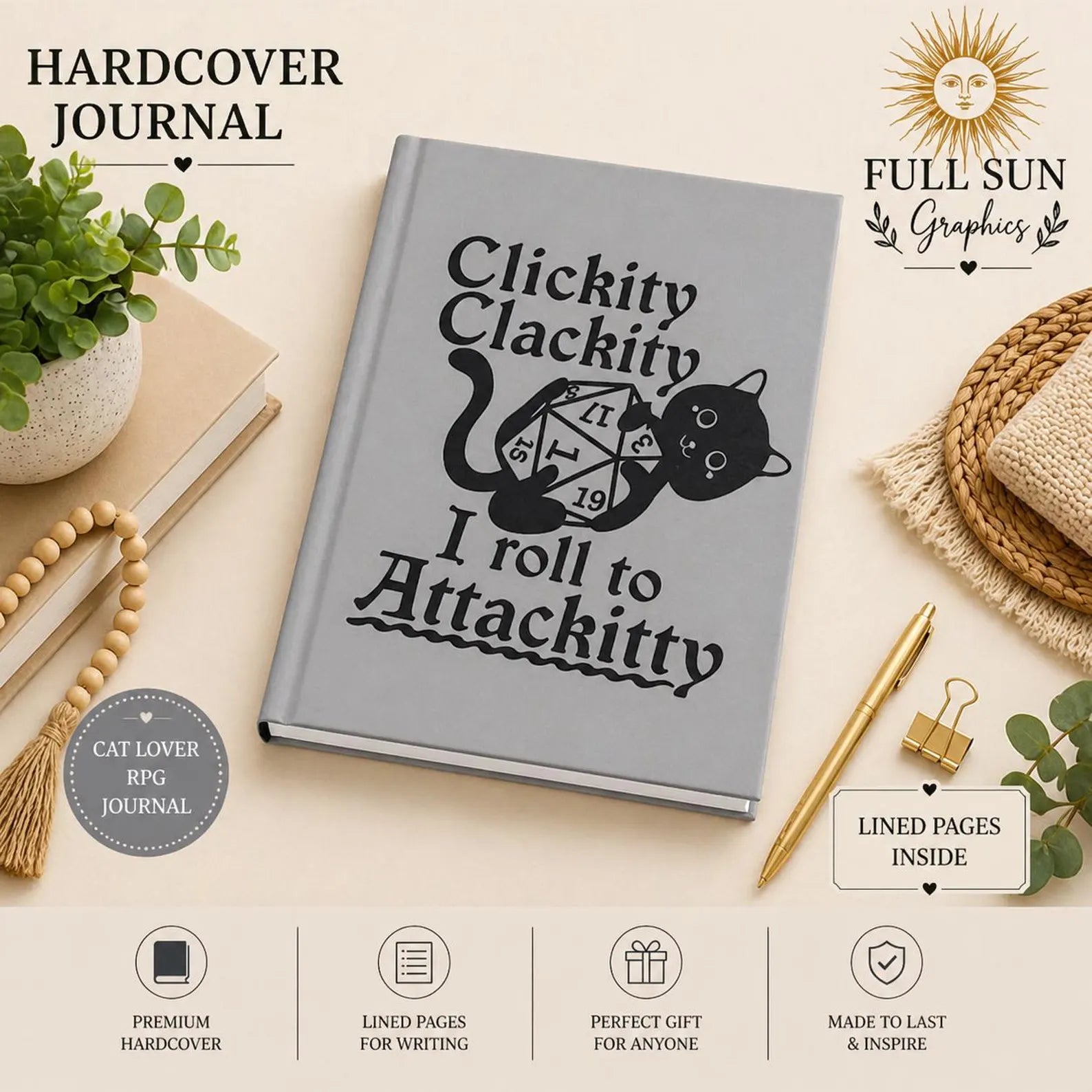Clickity Clackity I Roll to Attackitty Hardcover Journal | D20 Dice RPG Notebook
