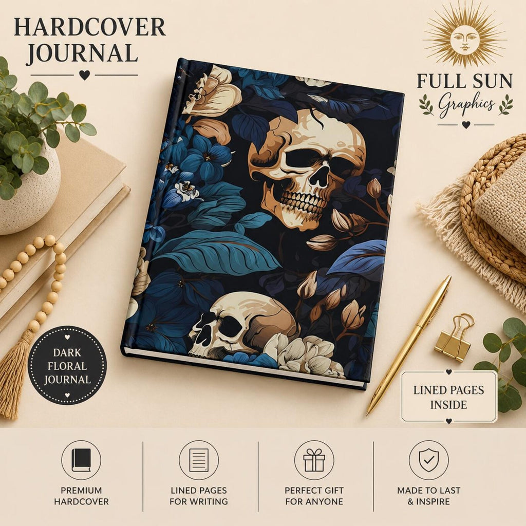Skull with Floral Accents Hardcover Journal | Gothic Notebook