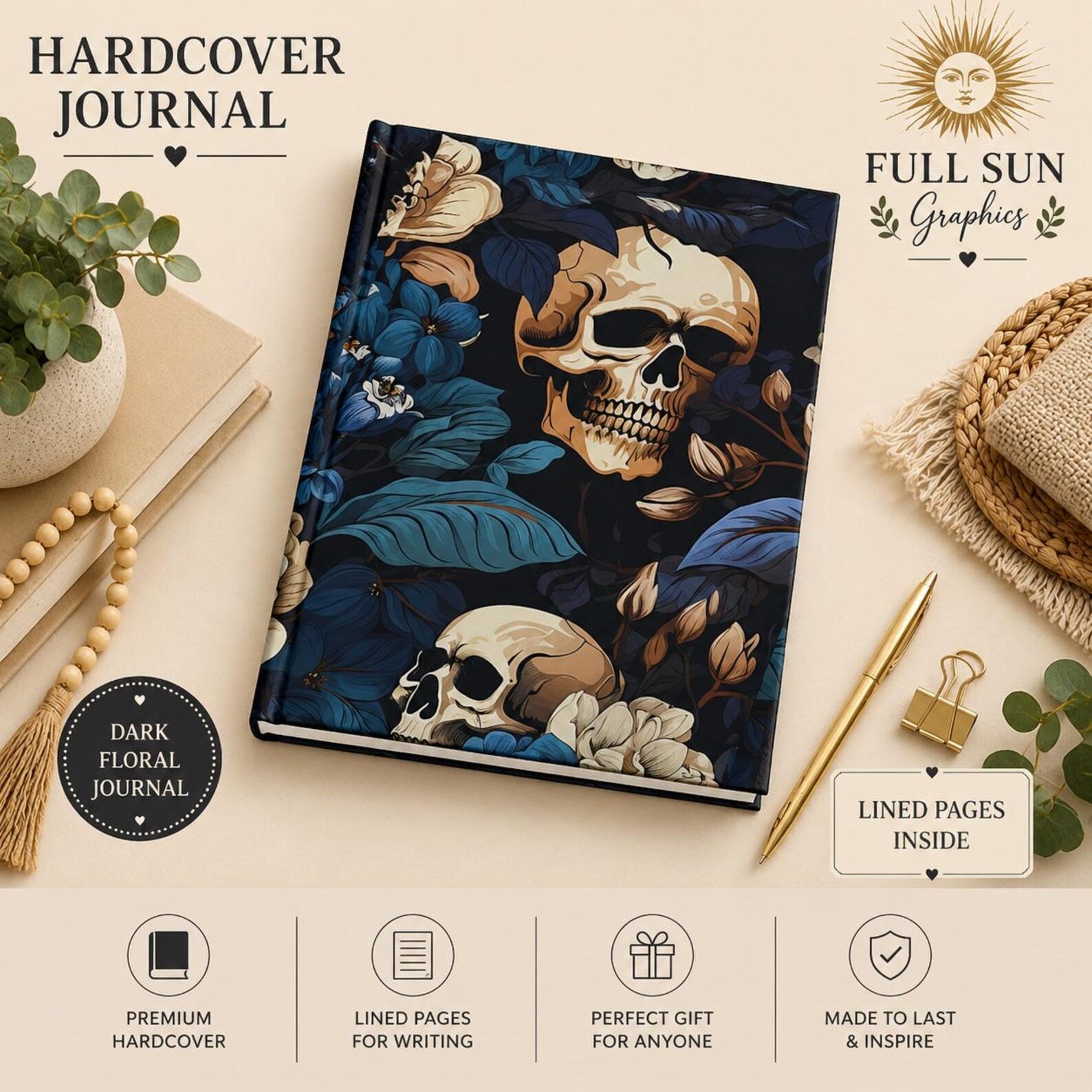 Skull with Floral Accents Hardcover Journal | Gothic Notebook