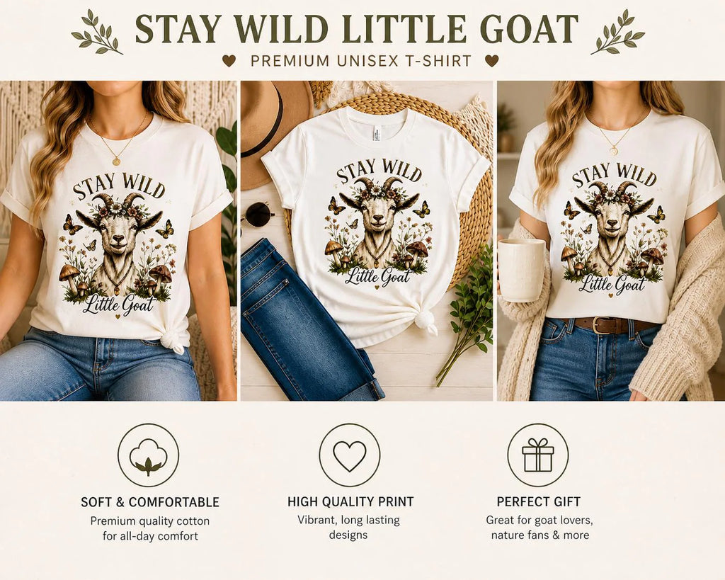 Stay Wild Little Goat Shirt | Cottagecore Goat T-Shirt | Floral Farm Animal Tee | Nature Aesthetic Shirt | Cute Rustic Graphic Tee Gift