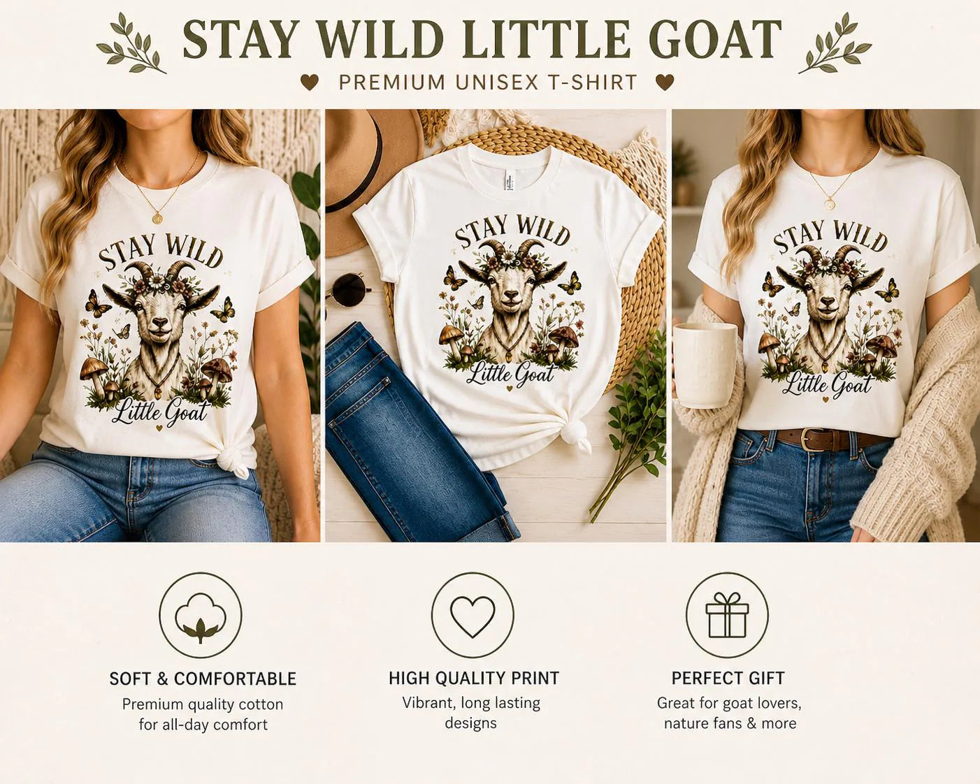 Stay Wild Little Goat Shirt | Cottagecore Goat T-Shirt | Floral Farm Animal Tee | Nature Aesthetic Shirt | Cute Rustic Graphic Tee Gift