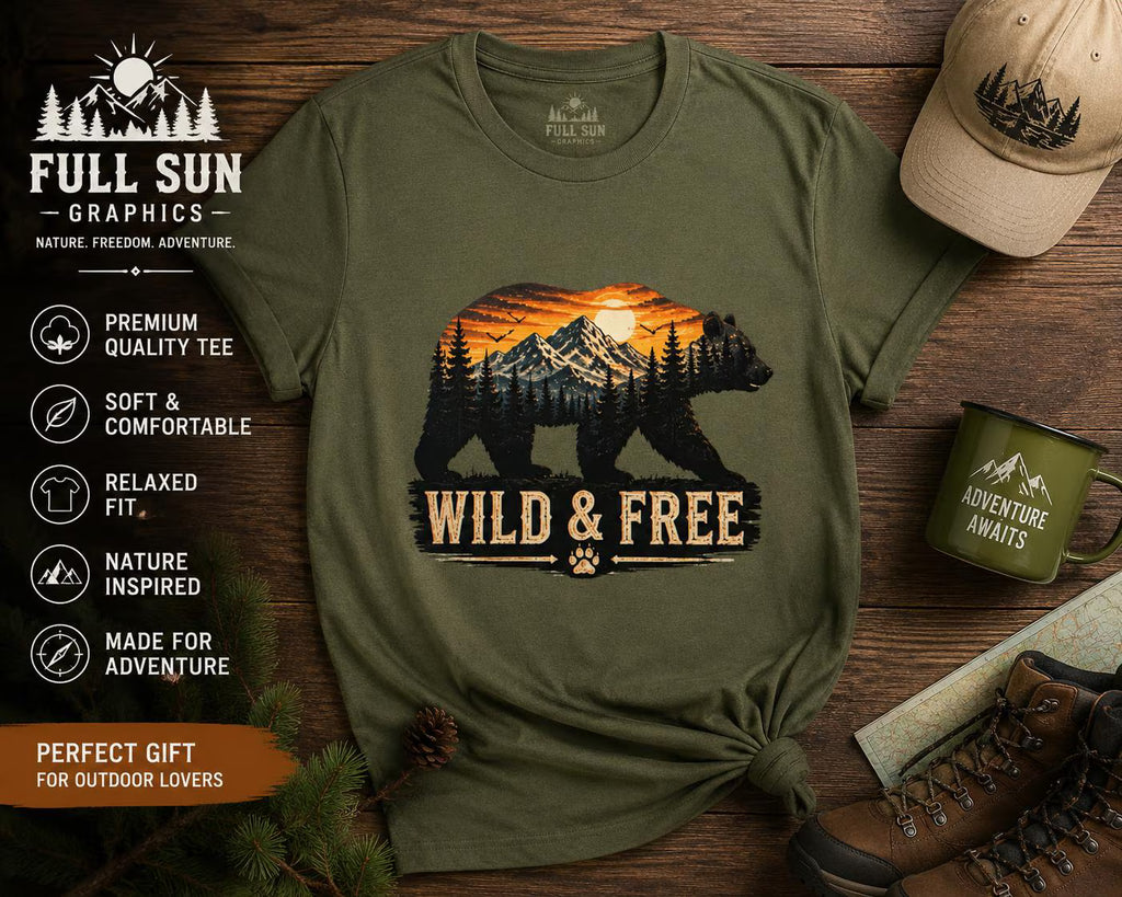 Wild and Free Bear Shirt|Outdoor Graphic Tee|Nature Adventure Shirt|Mountain Bear T-Shirt|Camping Hiking Shirt|Gift for Outdoor|FathersDay