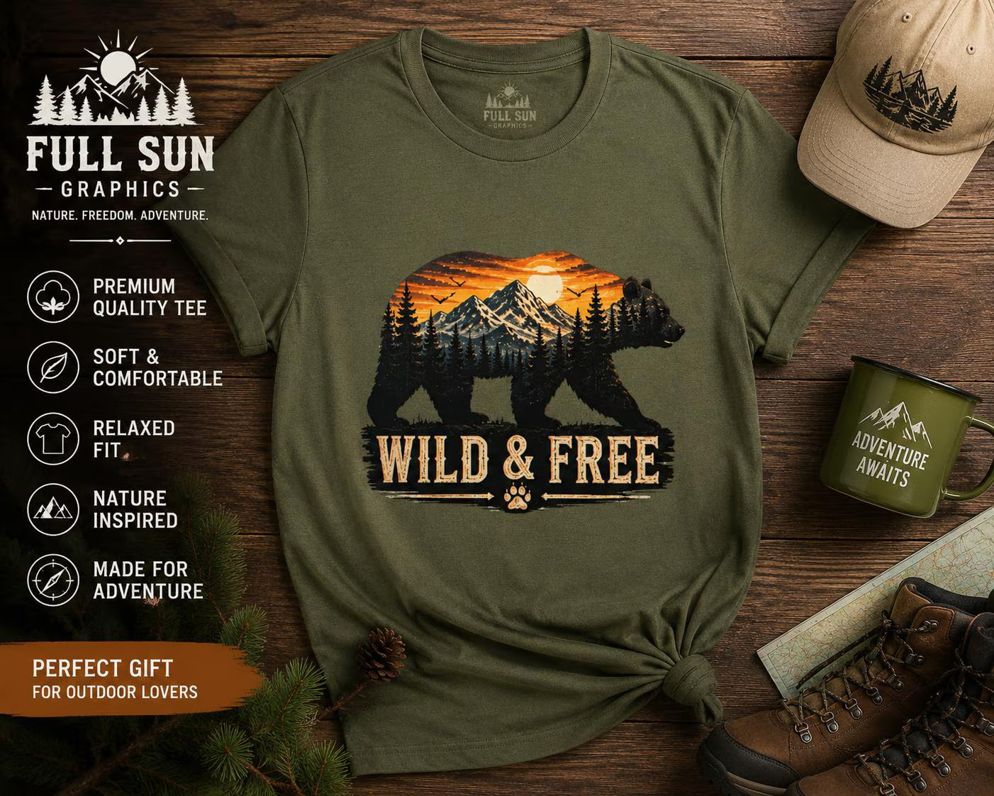 Wild and Free Bear Shirt|Outdoor Graphic Tee|Nature Adventure Shirt|Mountain Bear T-Shirt|Camping Hiking Shirt|Gift for Outdoor|FathersDay