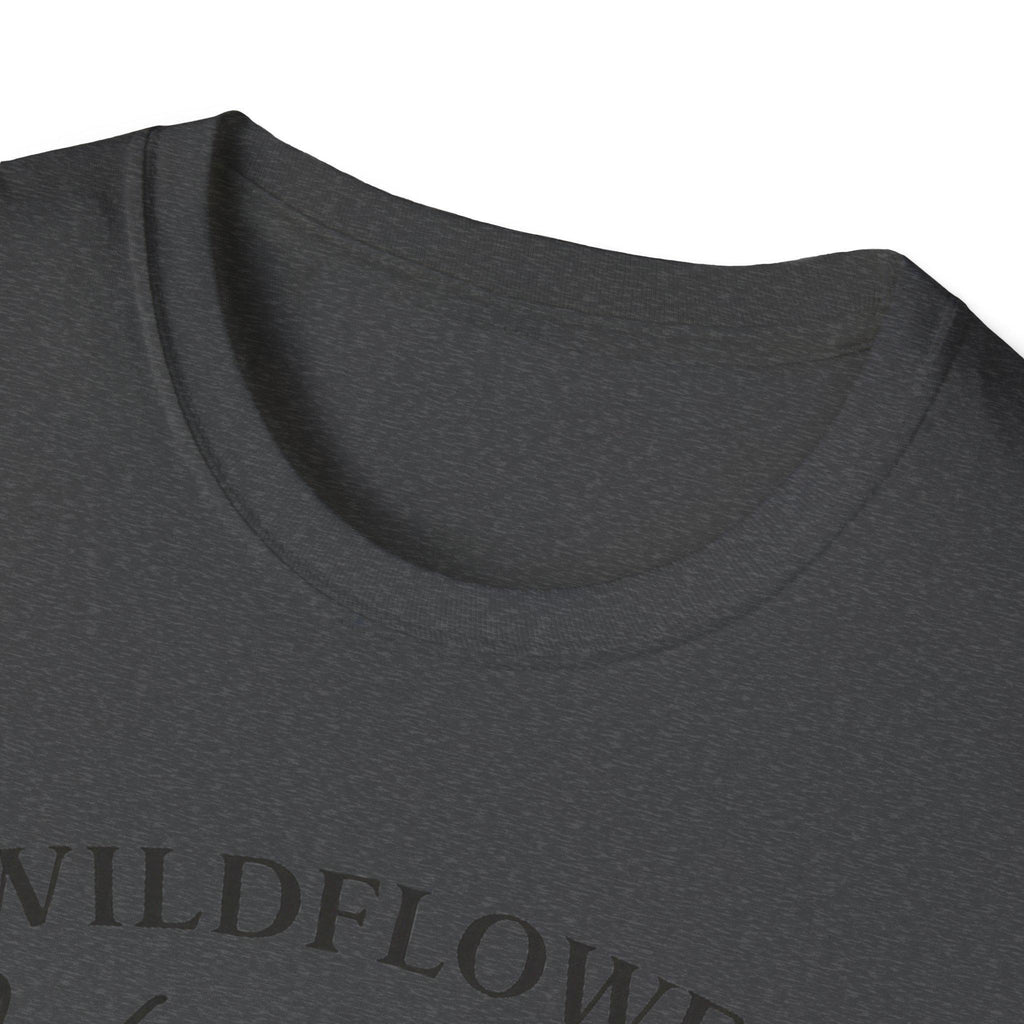 A close-up of the dark gray t-shirt's neckline and shoulder, showing the fabric texture.