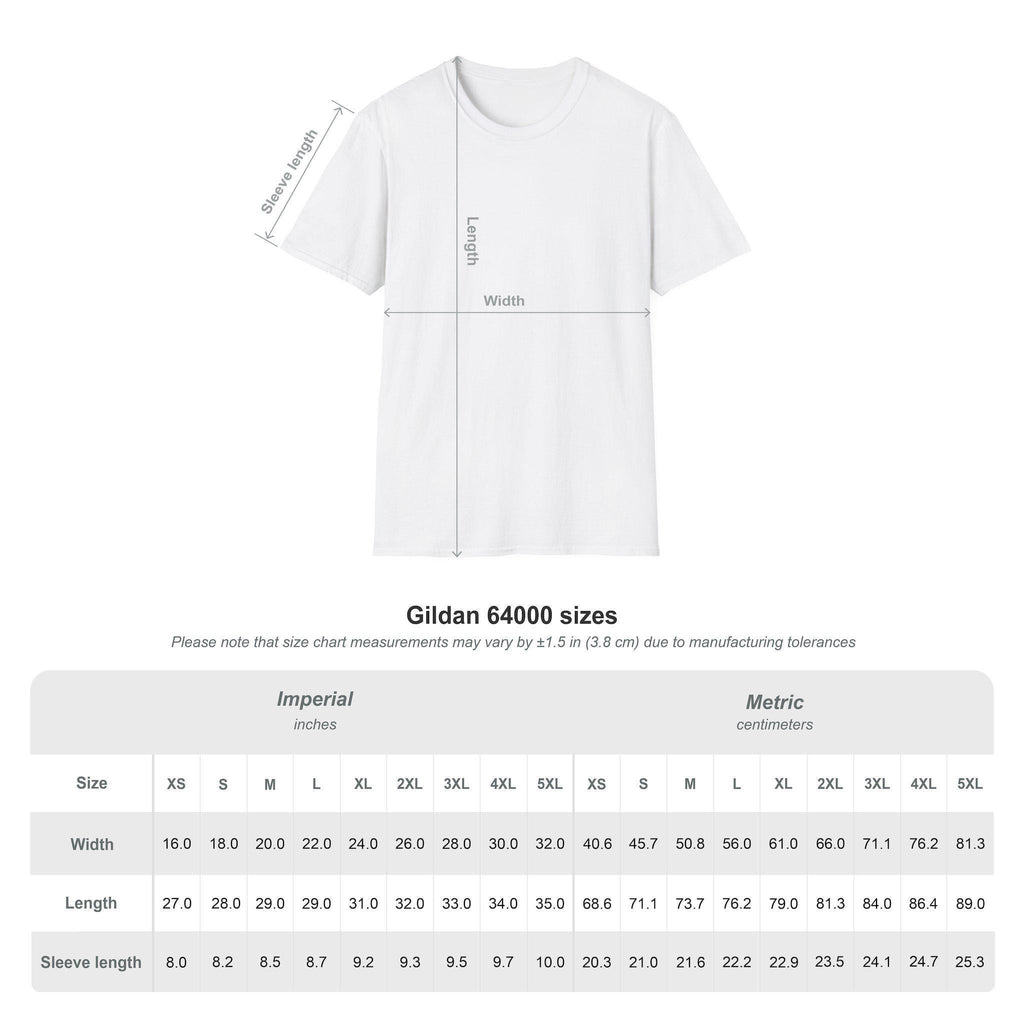 A Gildan 64000 t-shirt size chart in imperial and metric measurements, showing width, length, and sleeve length for sizes XS to 5XL.