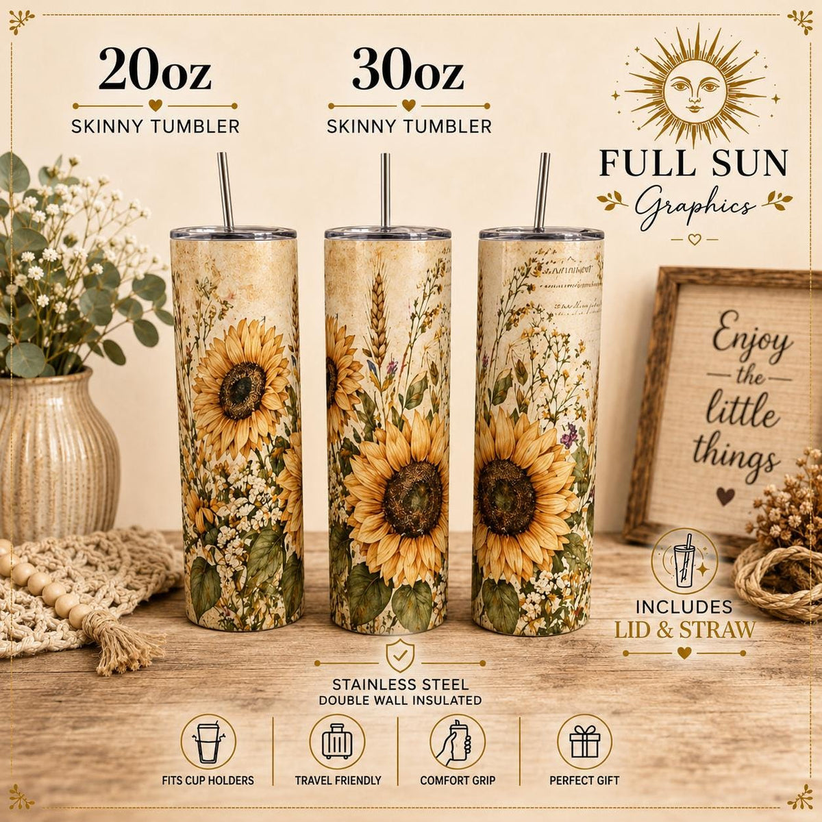 Wildflower Sunflower Tumbler, 20oz Stainless Steel Cup with Straw, Rustic Floral Gift for Her