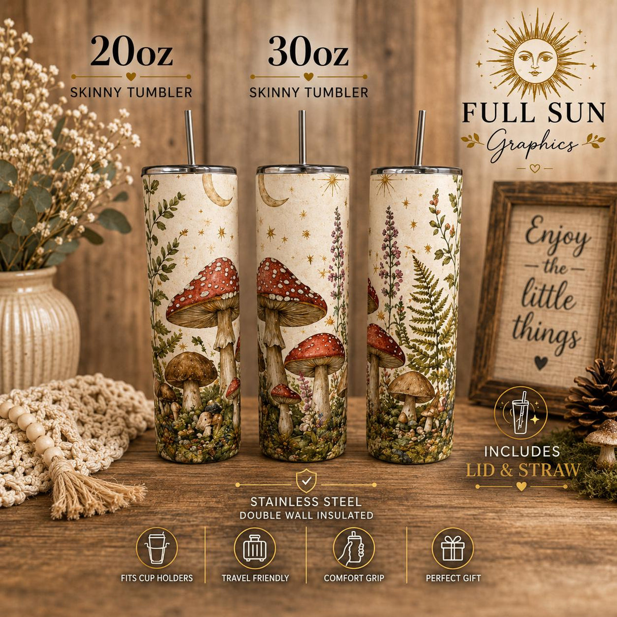 Mushroom Tumbler, Cottagecore Forest 20oz Skinny Cup with Straw, Fungi Lover Gift