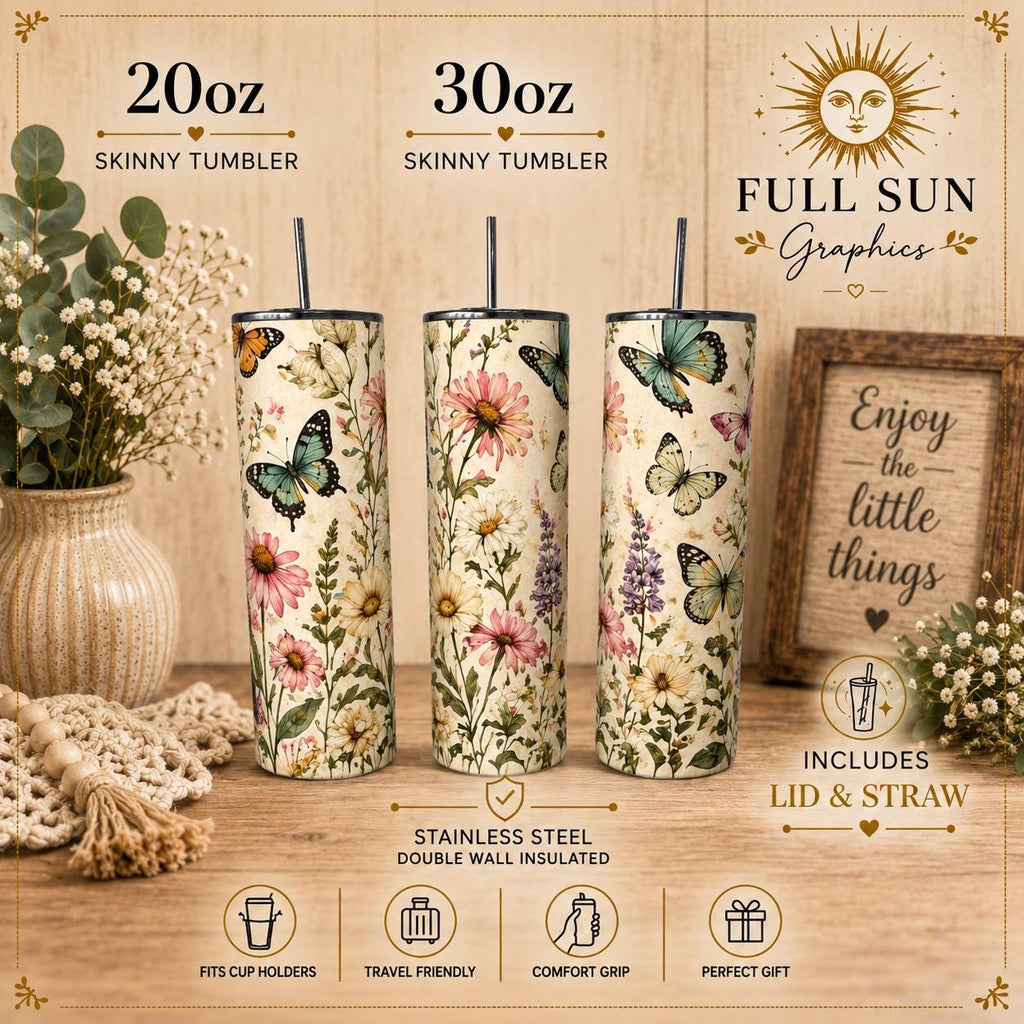 Butterfly Wildflower Stainless Steel Tumbler, Cottagecore Boho Nature Drinkware