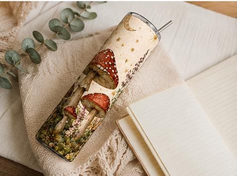 Mushroom Tumbler, Cottagecore Forest 20oz Skinny Cup with Straw, Fungi Lover Gift