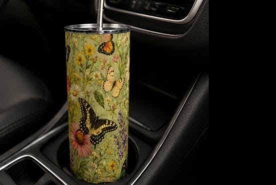Butterfly Garden Tumbler, Vintage Botanical Wildflower Skinny Cup