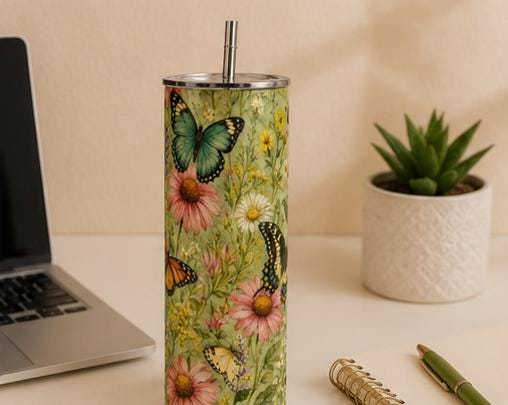 Butterfly Garden Tumbler, Vintage Botanical Wildflower Skinny Cup