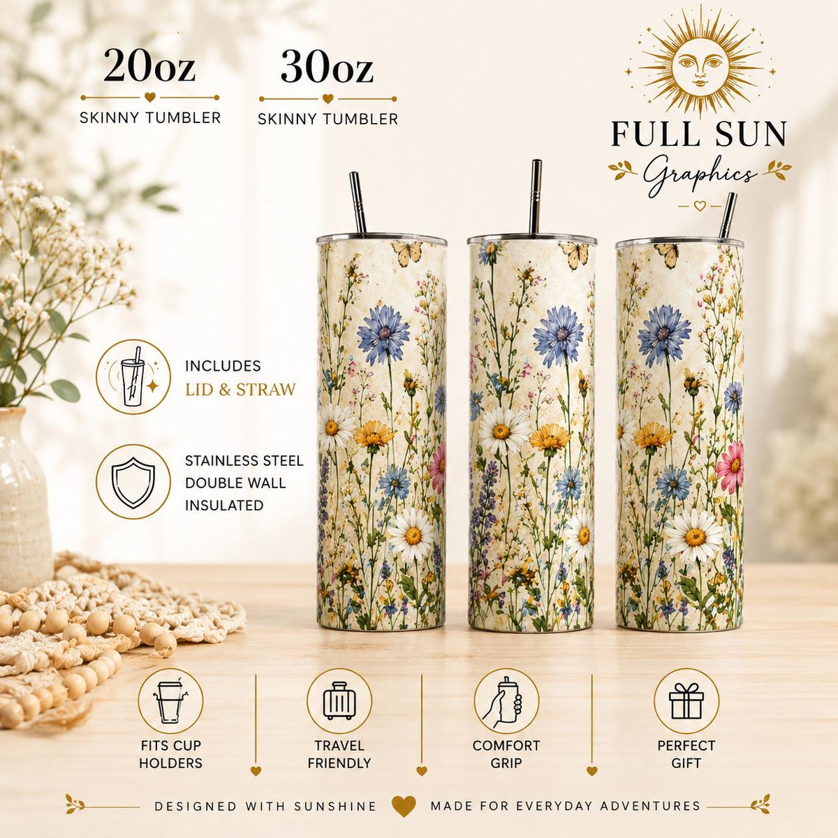 Wildflower Stainless Steel Tumbler, Cottagecore Floral Drinkware, Botanical Travel Cup