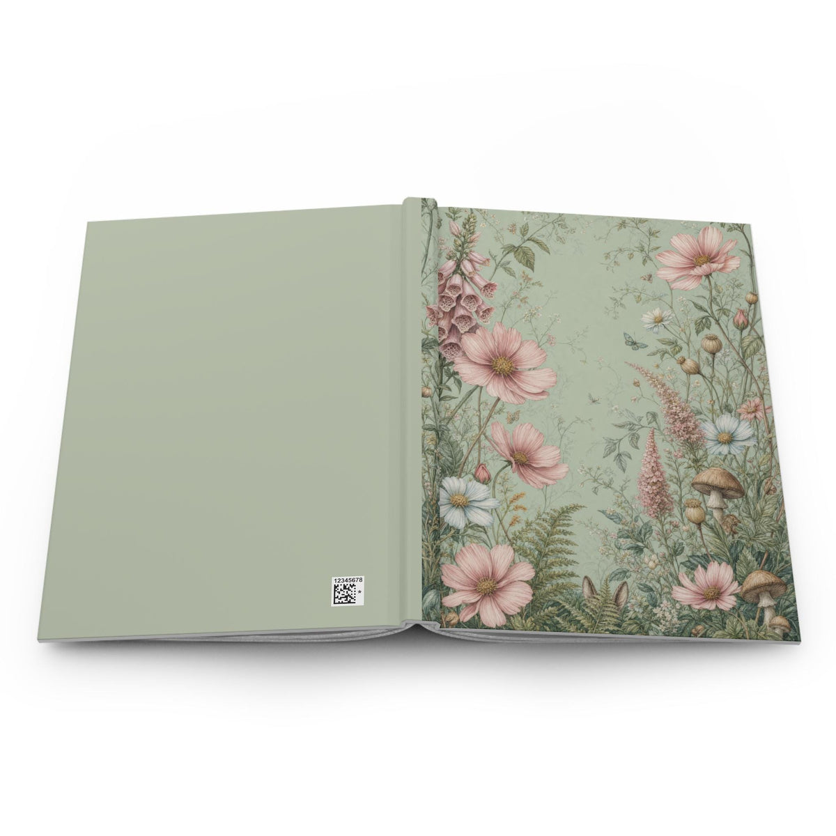 Cottagecore Journal, Wildflower Mushroom Hardcover Notebook, Sage Green Floral Diary, Gift for Her