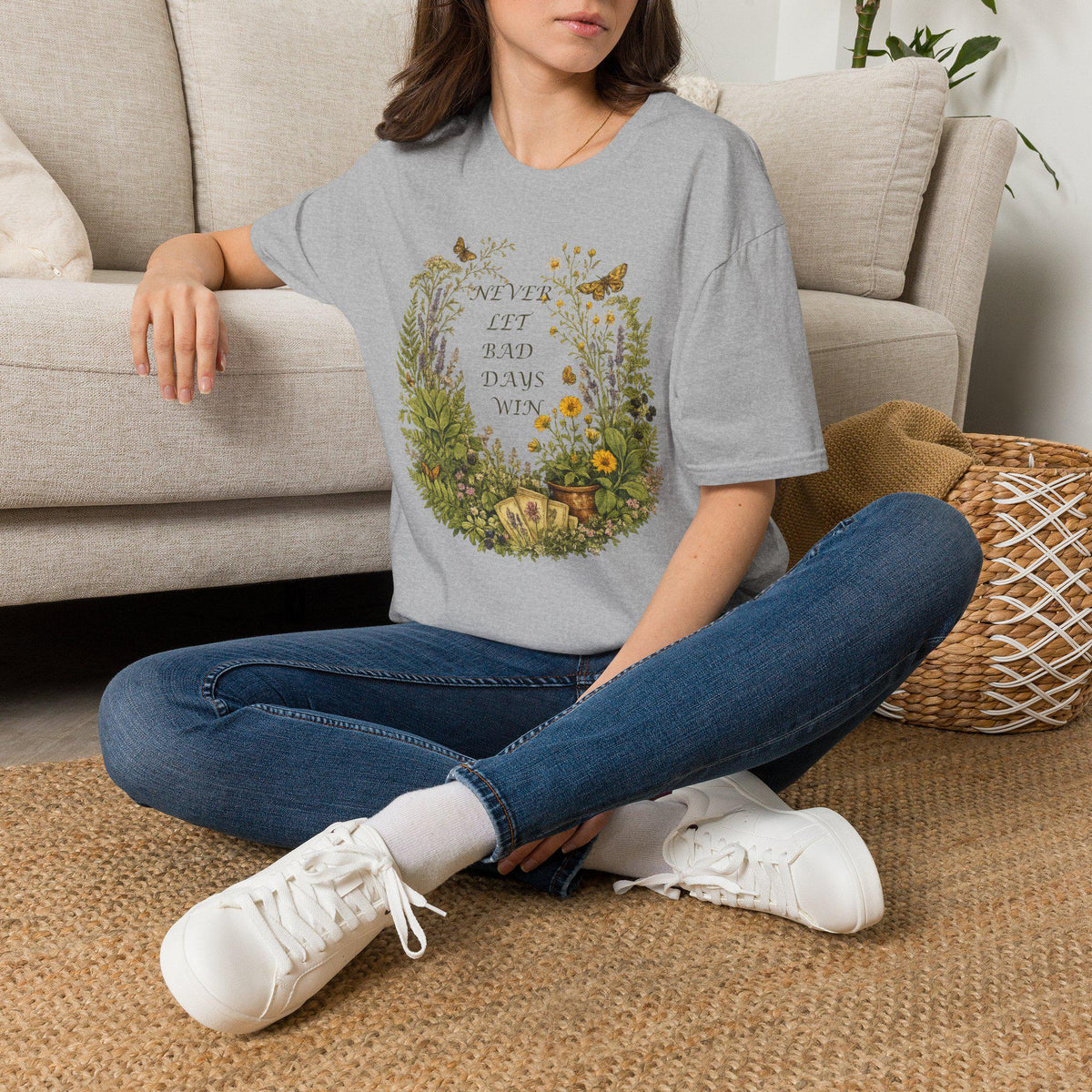 Floral Wreath T-Shirt, Inspirational Quote Tee, Never Let Bad Days Win, Nature Lover Gift