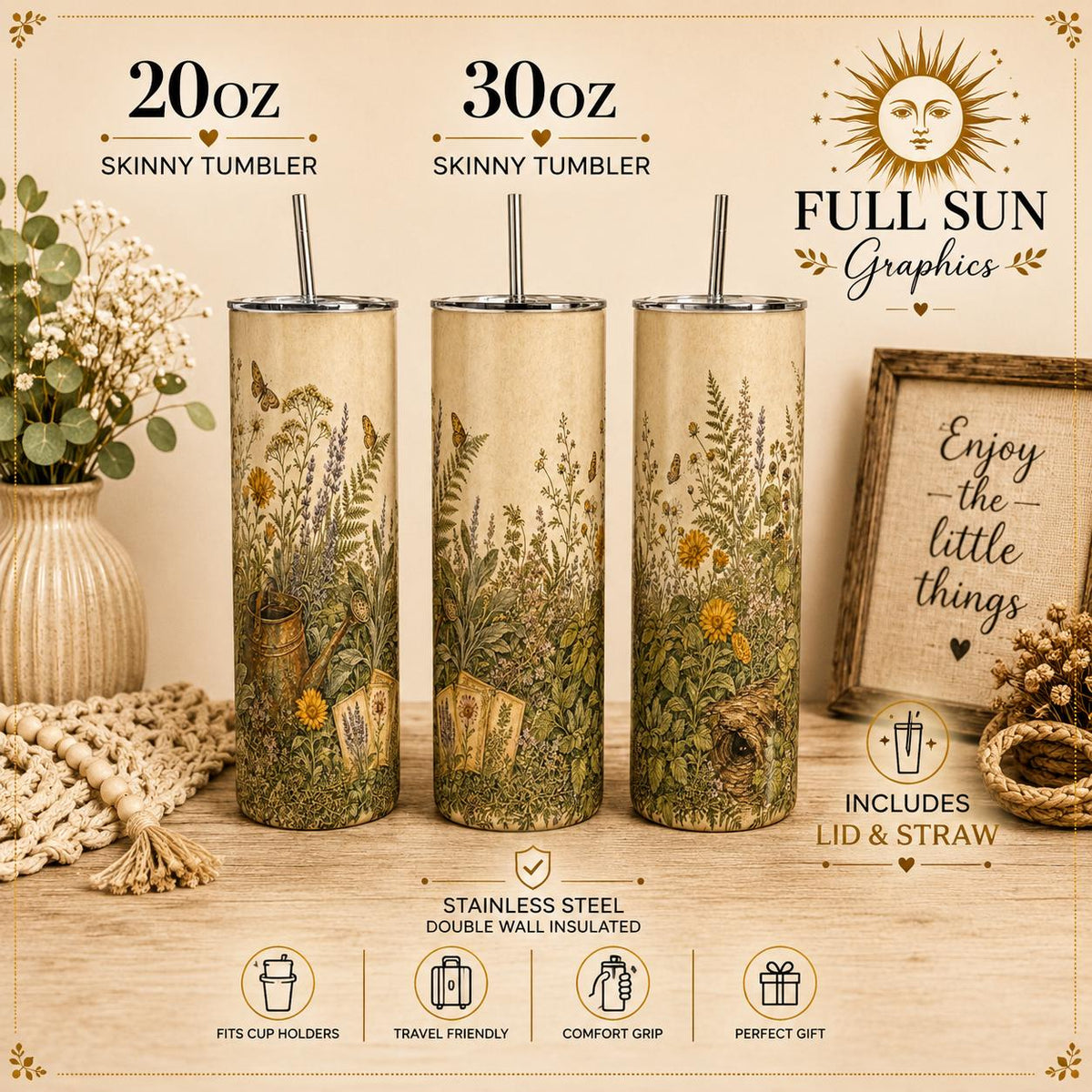 Botanical Wildflower Skinny Tumbler, Cottagecore Garden Travel Cup, Nature Lover Gift