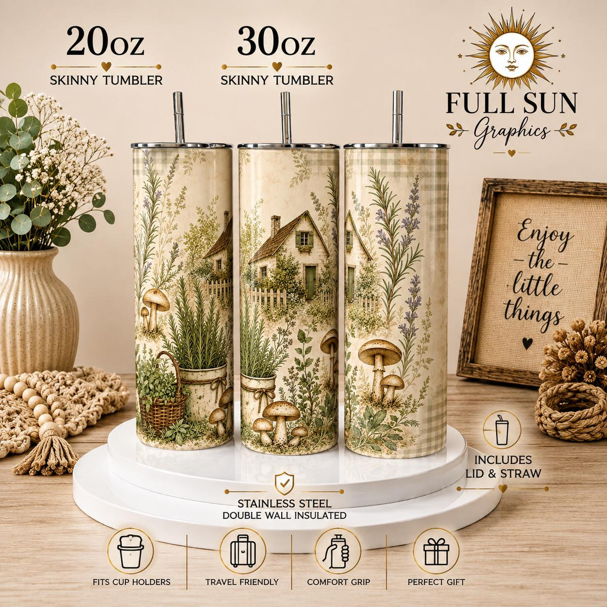 Mushroom Cottagecore Garden Tumbler, 20oz/30oz Stainless Steel Insulated Cup(Lid & Straw)