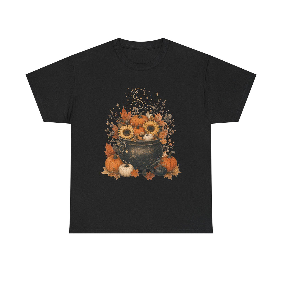 A black short-sleeved t-shirt with a fall-themed graphic of a black cauldron filled with sunflowers, pumpkins, and autumn leaves.