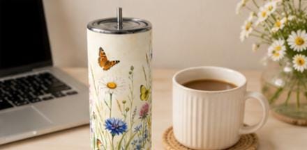 Wildflower Butterfly Tumbler 20oz Skinny, Floral Cottagecore Cup, Gift for Mom, Gift for Her, Nature Lover