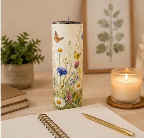 Wildflower Butterfly Tumbler 20oz Skinny, Floral Cottagecore Cup, Gift for Mom, Gift for Her, Nature Lover