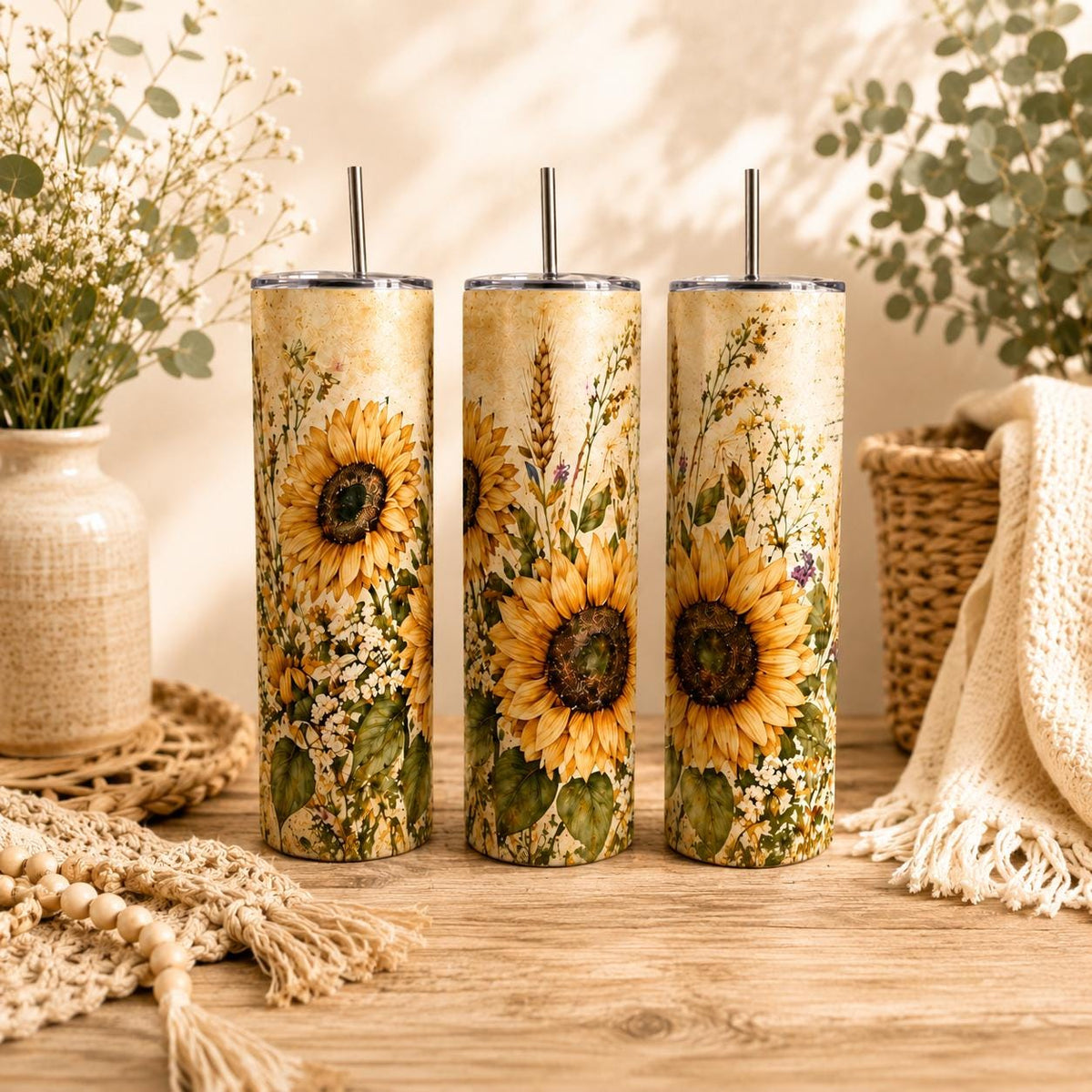 Wildflower Sunflower Tumbler, 20oz Stainless Steel Cup with Straw, Rustic Floral Gift for Her