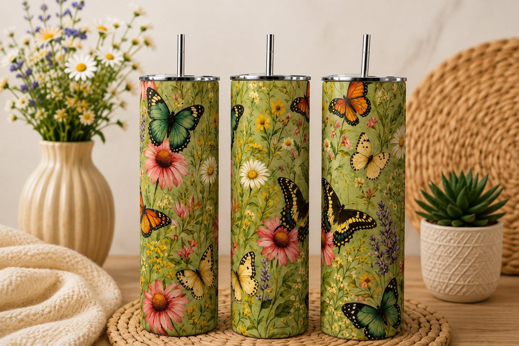 Butterfly Garden Tumbler, Vintage Botanical Wildflower Skinny Cup