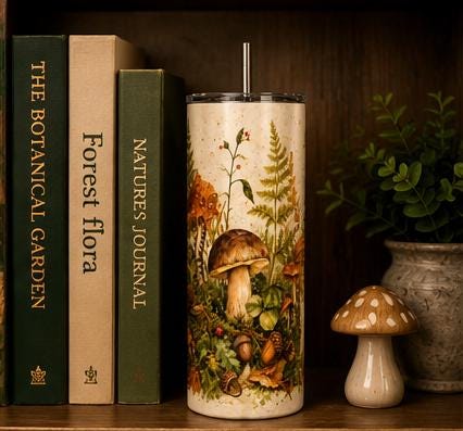 Mushroom Skinny Tumbler, Woodland Forest 20oz with Straw, Nature Lover Gift