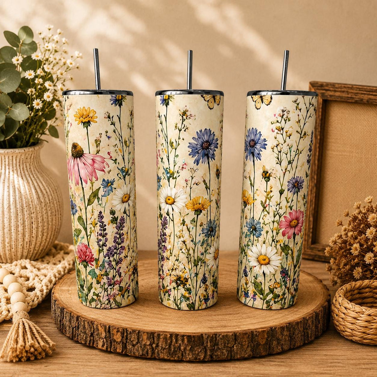 Wildflower Stainless Steel Tumbler, Cottagecore Floral Drinkware, Botanical Travel Cup