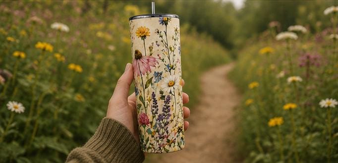 Wildflower Stainless Steel Tumbler, Cottagecore Floral Drinkware, Botanical Travel Cup
