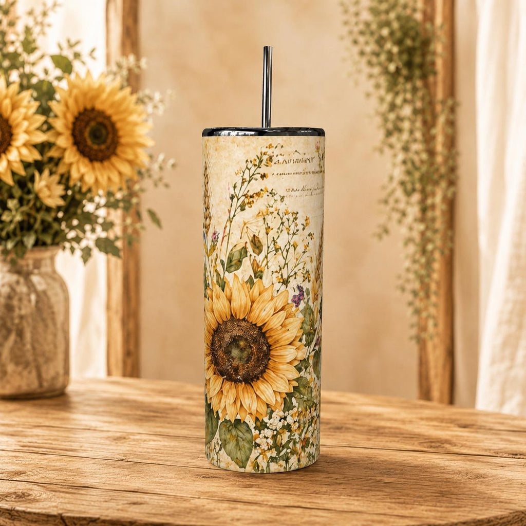 Wildflower Sunflower Tumbler, 20oz Stainless Steel Cup with Straw, Rustic Floral Gift for Her