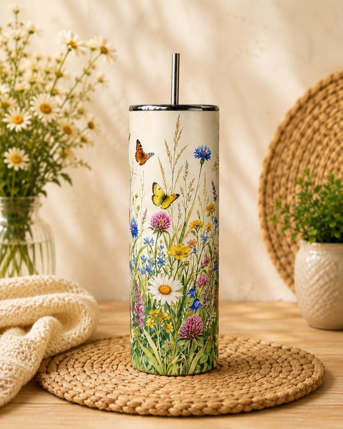 Wildflower Butterfly Tumbler 20oz Skinny, Floral Cottagecore Cup, Gift for Mom, Gift for Her, Nature Lover