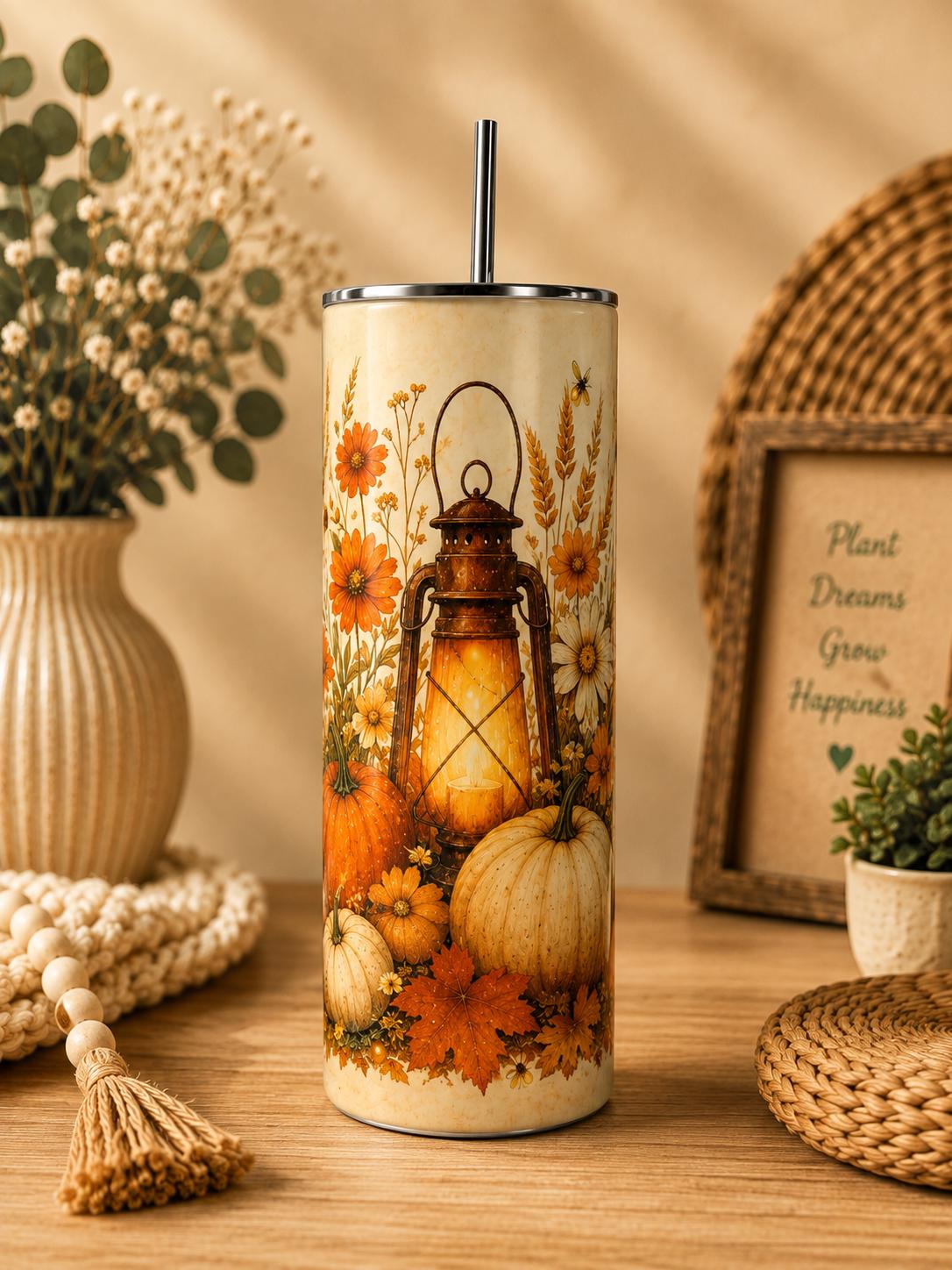 Fall Pumpkin lantern tumbler styled with dried flowers on a wooden table