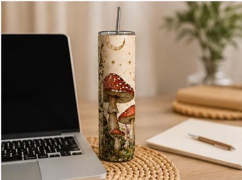 Mushroom Tumbler, Cottagecore Forest 20oz Skinny Cup with Straw, Fungi Lover Gift