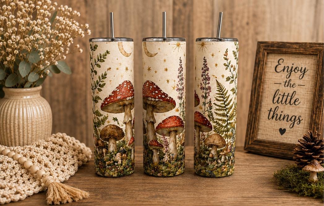 Mushroom Tumbler, Cottagecore Forest 20oz Skinny Cup with Straw, Fungi Lover Gift