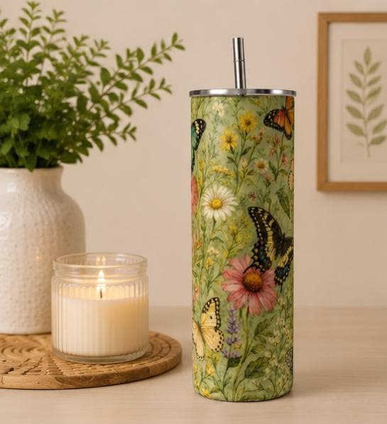 Butterfly Garden Tumbler, Vintage Botanical Wildflower Skinny Cup