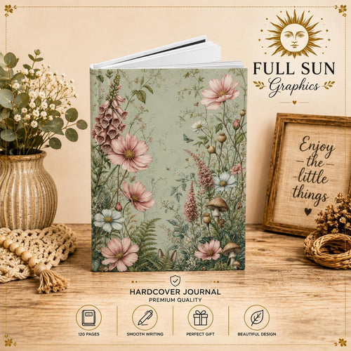 Cottagecore Journal, Wildflower Mushroom Hardcover Notebook, Sage Green Floral Diary, Gift for Her