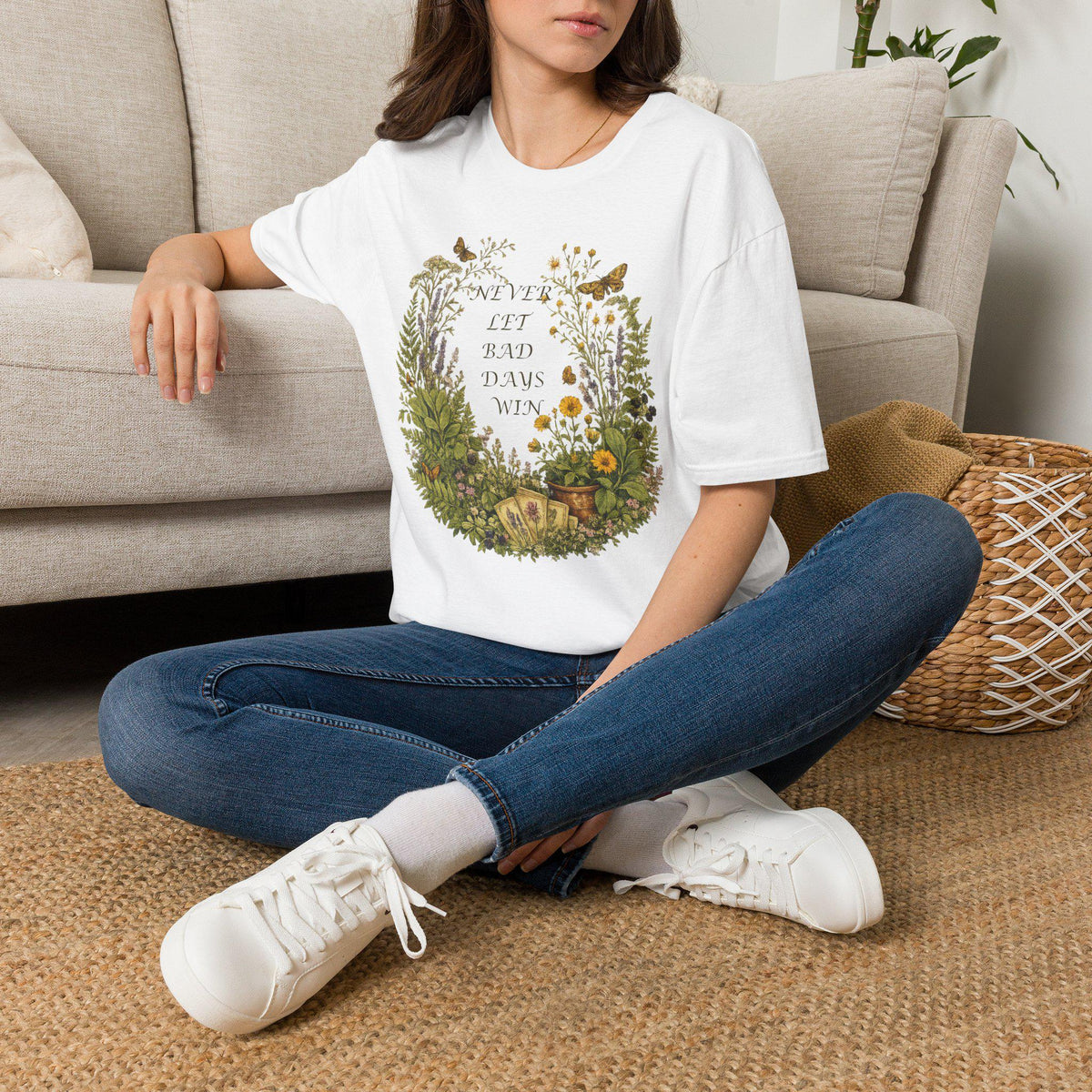 Floral Wreath T-Shirt, Inspirational Quote Tee, Never Let Bad Days Win, Nature Lover Gift