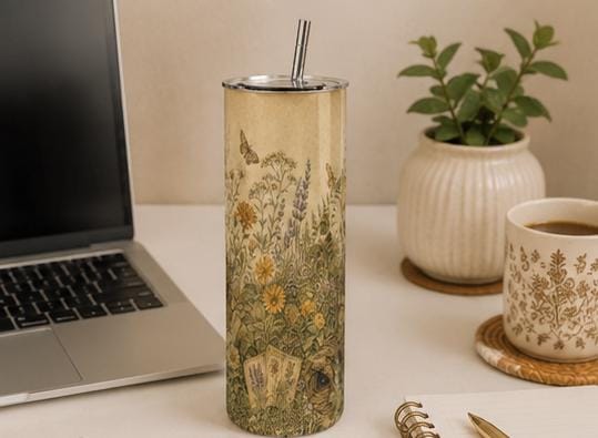 Botanical Wildflower Skinny Tumbler, Cottagecore Garden Travel Cup, Nature Lover Gift