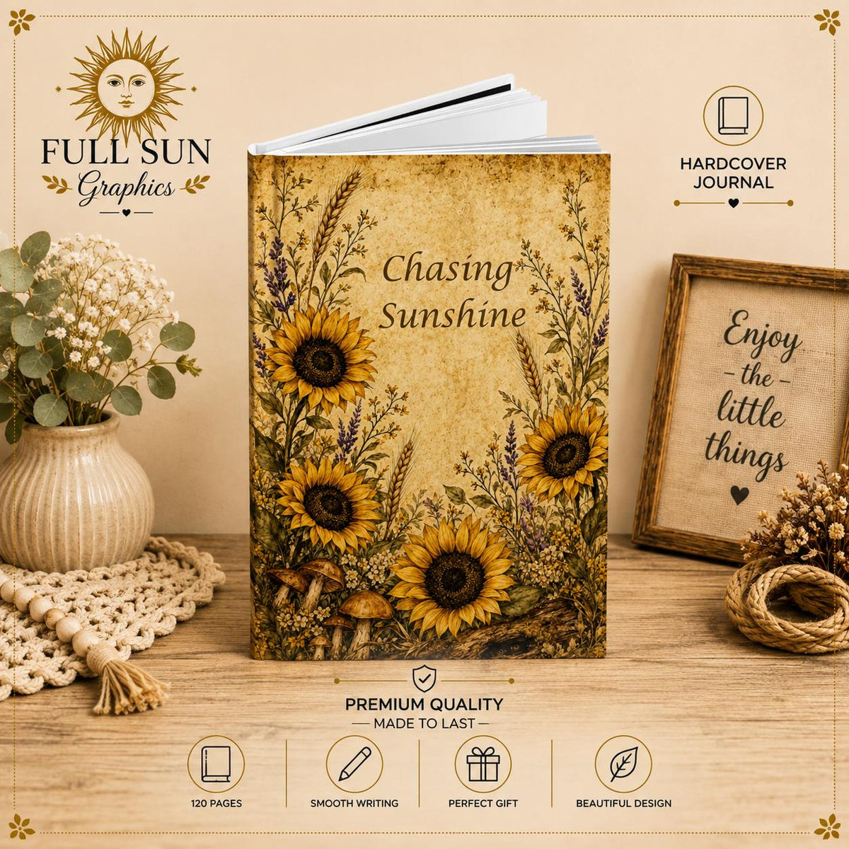 Sunflower Journal Hardcover, Floral Bouquet Notebook, Gift for Her