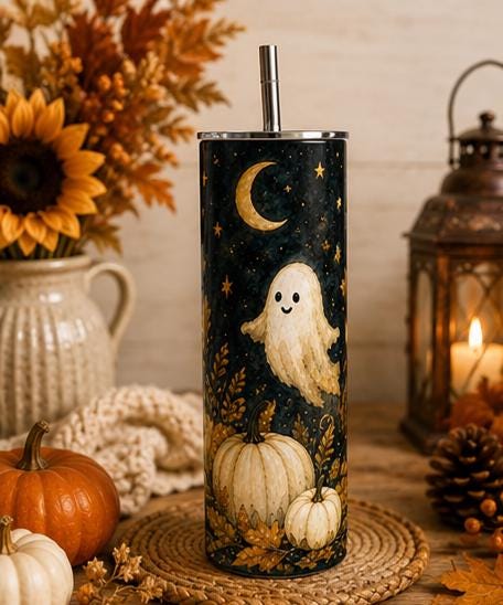 Ghost Pumpkin Skinny Tumbler, Halloween 20oz Cup,Fall Gift for Her