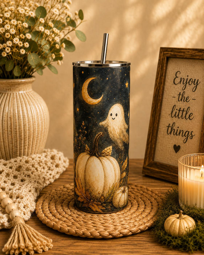 Ghost Pumpkin Skinny Tumbler, Halloween 20oz Cup,Fall Gift for Her
