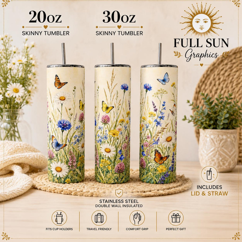 Wildflower Butterfly Tumbler 20oz Skinny, Floral Cottagecore Cup, Gift for Mom, Gift for Her, Nature Lover