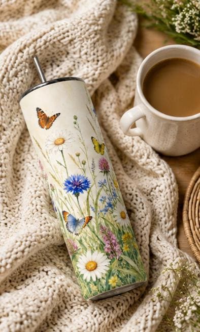 Wildflower Butterfly Tumbler 20oz Skinny, Floral Cottagecore Cup, Gift for Mom, Gift for Her, Nature Lover