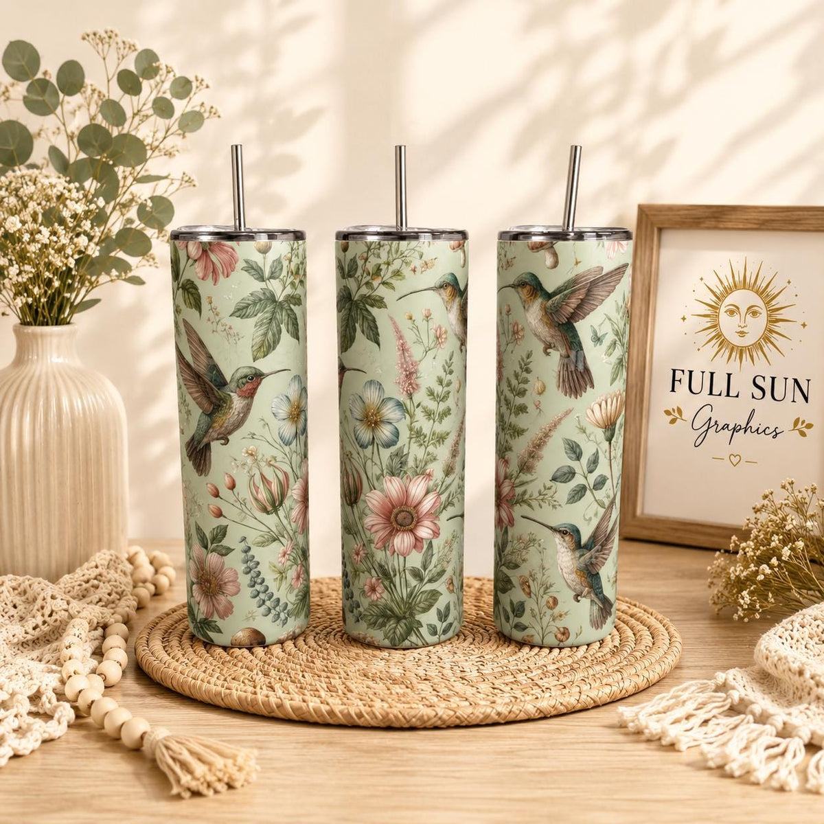 Hummingbird Botanical Floral Skinny Tumbler | Insulated Stainless Steel Cup