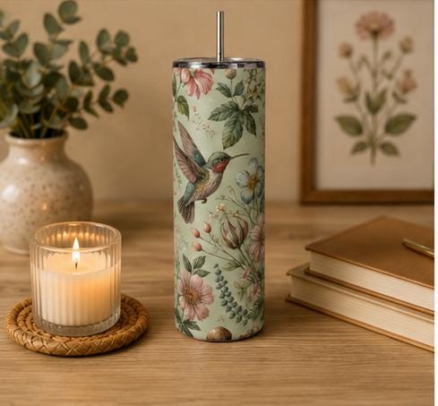 Hummingbird Botanical Floral Skinny Tumbler | Insulated Stainless Steel Cup