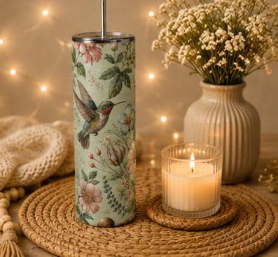 Hummingbird Botanical Floral Skinny Tumbler | Insulated Stainless Steel Cup