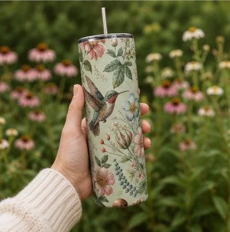Hummingbird Botanical Floral Skinny Tumbler | Insulated Stainless Steel Cup